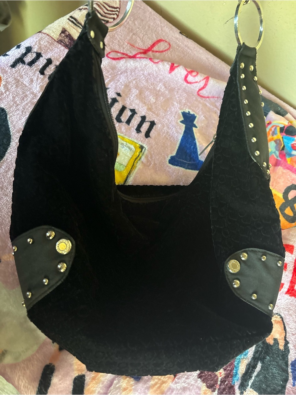 XOXO Black Hobo Bag with Stud Accents velvet feel - vintage Y2K